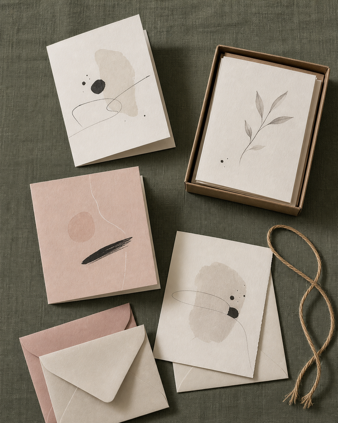Greeting cards and boxed note cards arranged on a sage linen surface