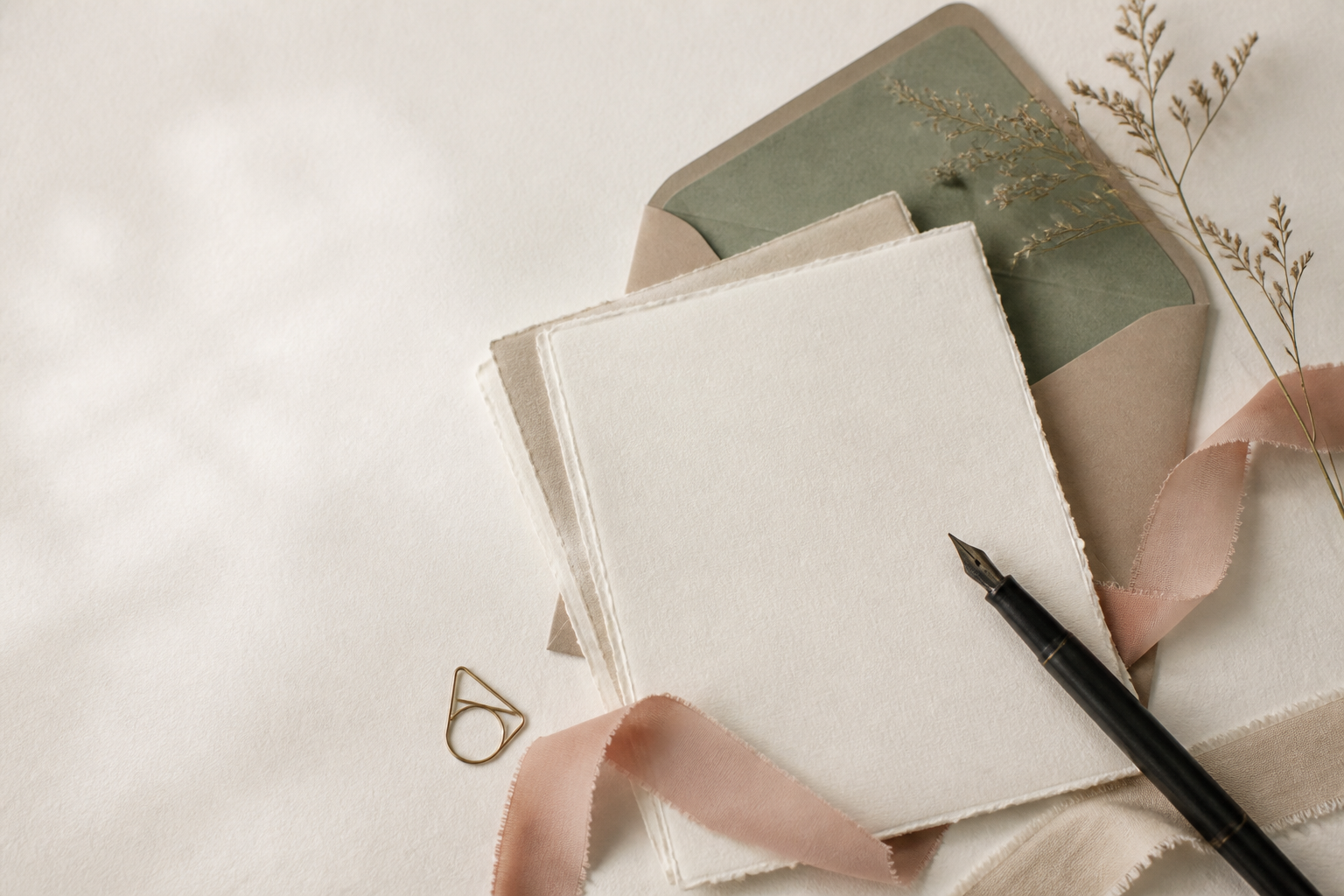 Cream stationery, envelopes, ribbon, and a fountain pen arranged on a warm paper surface